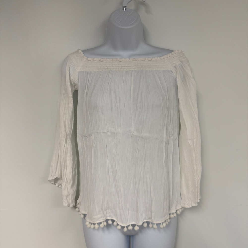 Lilly Pulitzer Off The Shoulder Blouse Top Womens XS White Boho Pom Pom Trim